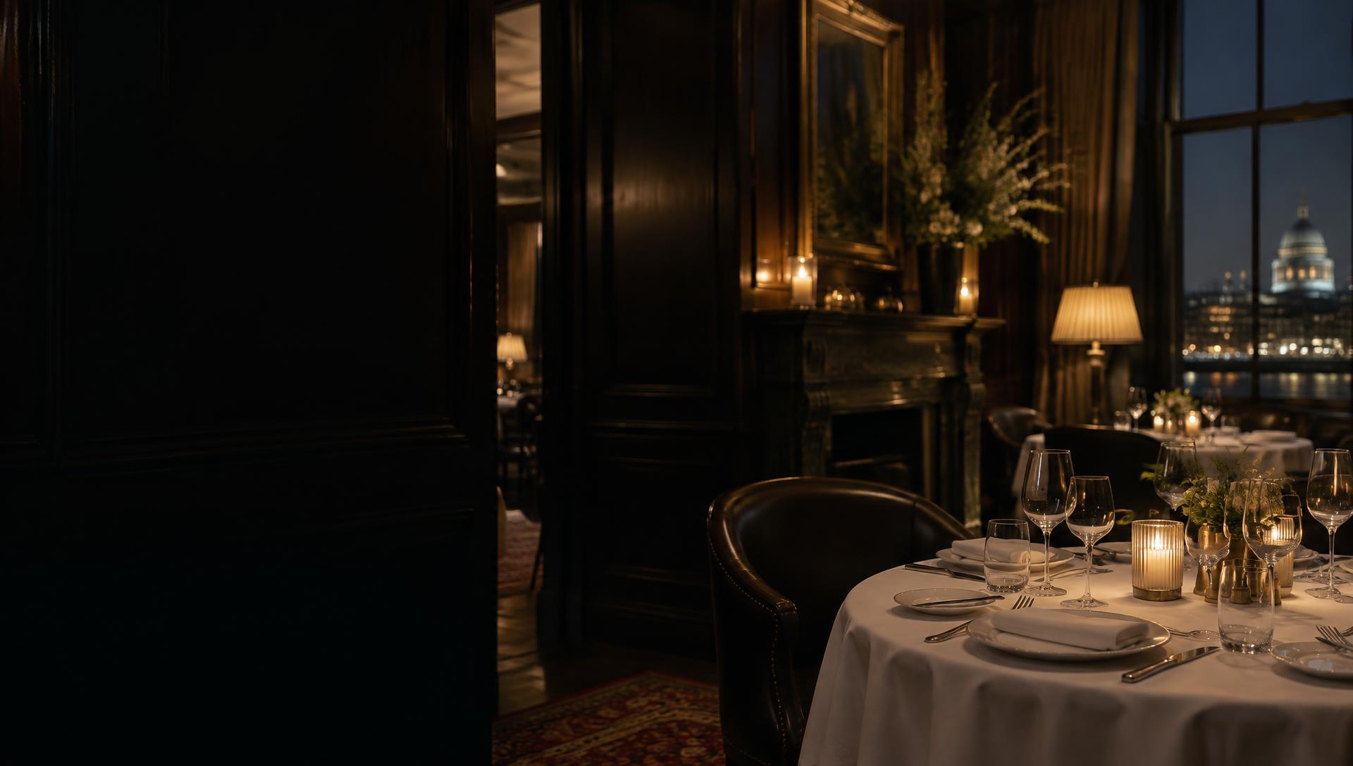 A warmly lit restaurant dining room with intimate tables and candlelight