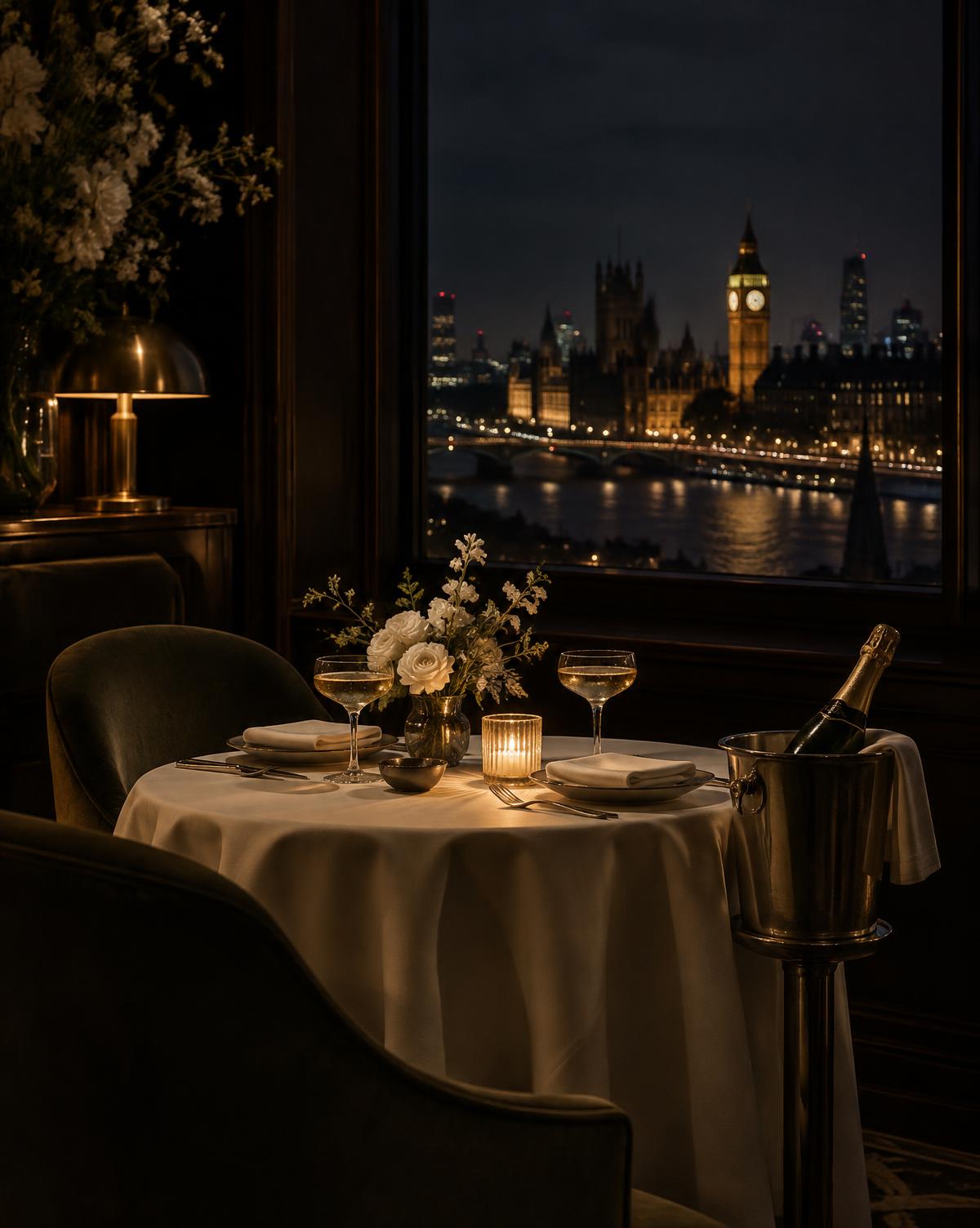 An anniversary table set with flowers and champagne, overlooking London